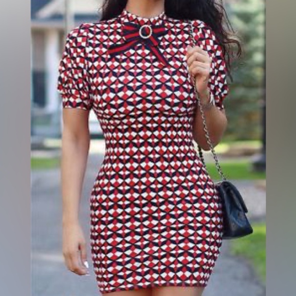Fashion Nova Red and White Puff Sleeve Bodycon Mini Dress